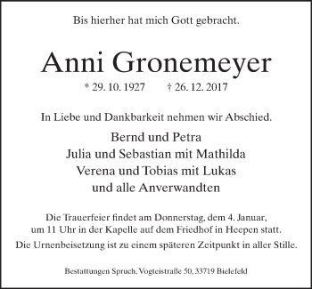 Traueranzeige von Anni Gronemeyer von Neue Westfälische