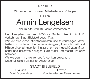 Traueranzeige von Armin Lengelsen von Neue Westfälische