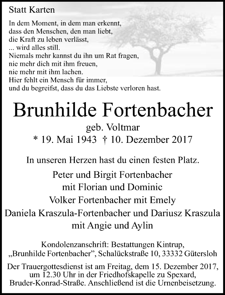  Traueranzeige für Brunhilde Fortenbacher vom 12.12.2017 aus Neue Westfälische