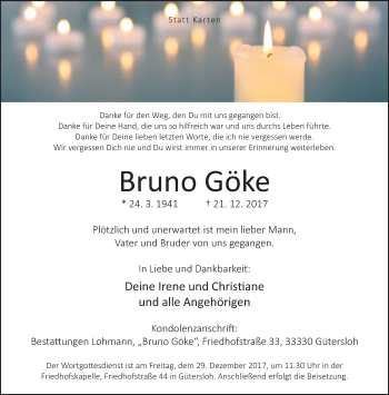 Traueranzeige von Bruno Göke von Neue Westfälische