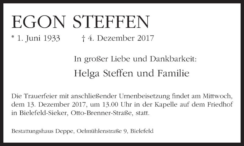  Traueranzeige für Egon Steffen vom 09.12.2017 aus Neue Westfälische