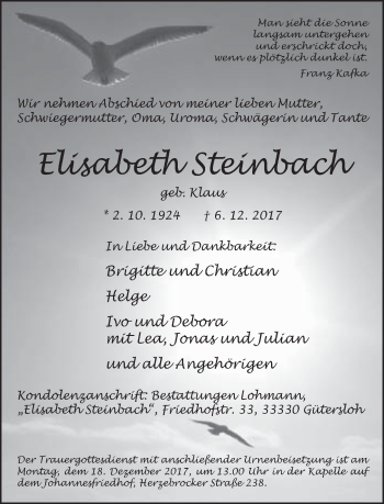 Traueranzeige von Elisabeth Steinbach von Neue Westfälische