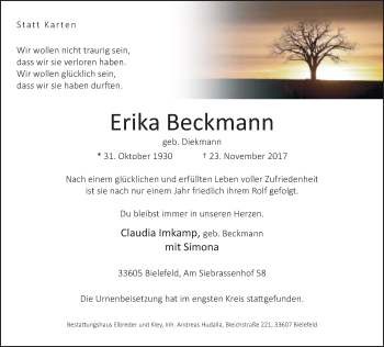 Traueranzeige von Erika Beckmann von Neue Westfälische
