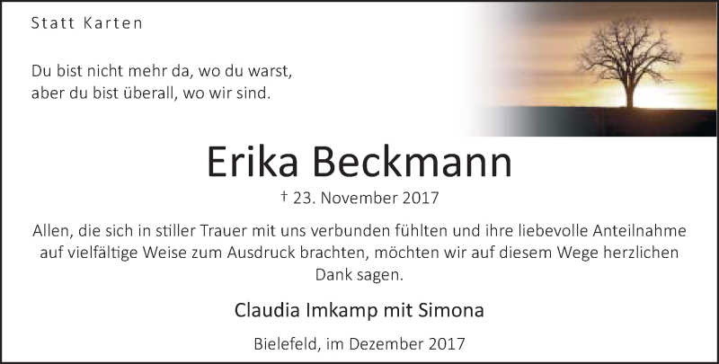  Traueranzeige für Erika Beckmann vom 23.12.2017 aus Neue Westfälische