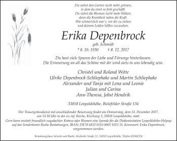 Traueranzeige von Erika Depenbrock von Neue Westfälische