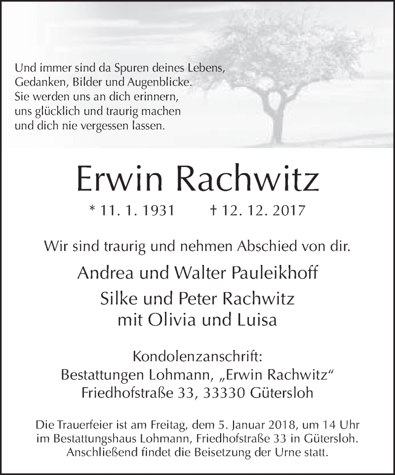  Traueranzeige für Erwin Rachwitz vom 16.12.2017 aus Neue Westfälische