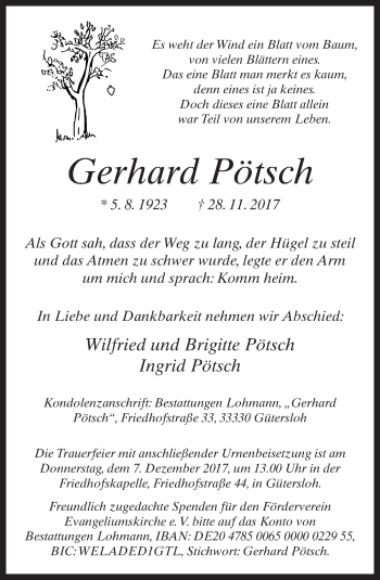 Traueranzeige von Gerhard Pötsch von Neue Westfälische