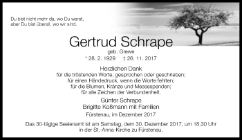 Traueranzeige von Gertrud Schrape von Neue Westfälische