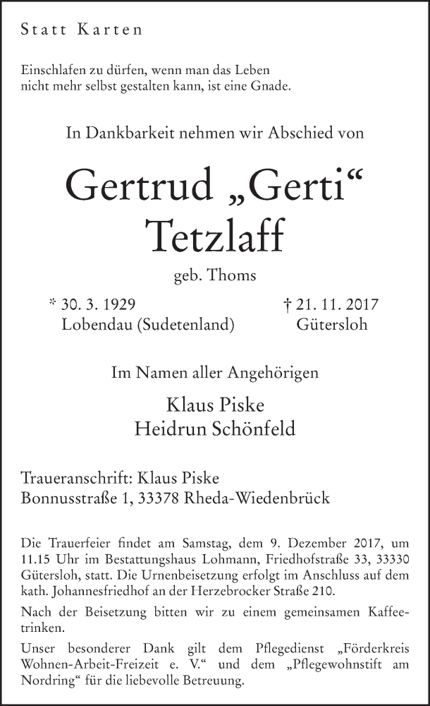  Traueranzeige für Gertrud Tetzlaff vom 02.12.2017 aus Neue Westfälische