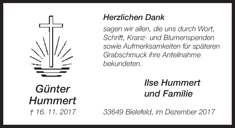  Traueranzeige für Günter Hummert vom 23.12.2017 aus Neue Westfälische