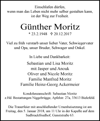 Traueranzeige von Günther Moritz von Neue Westfälische