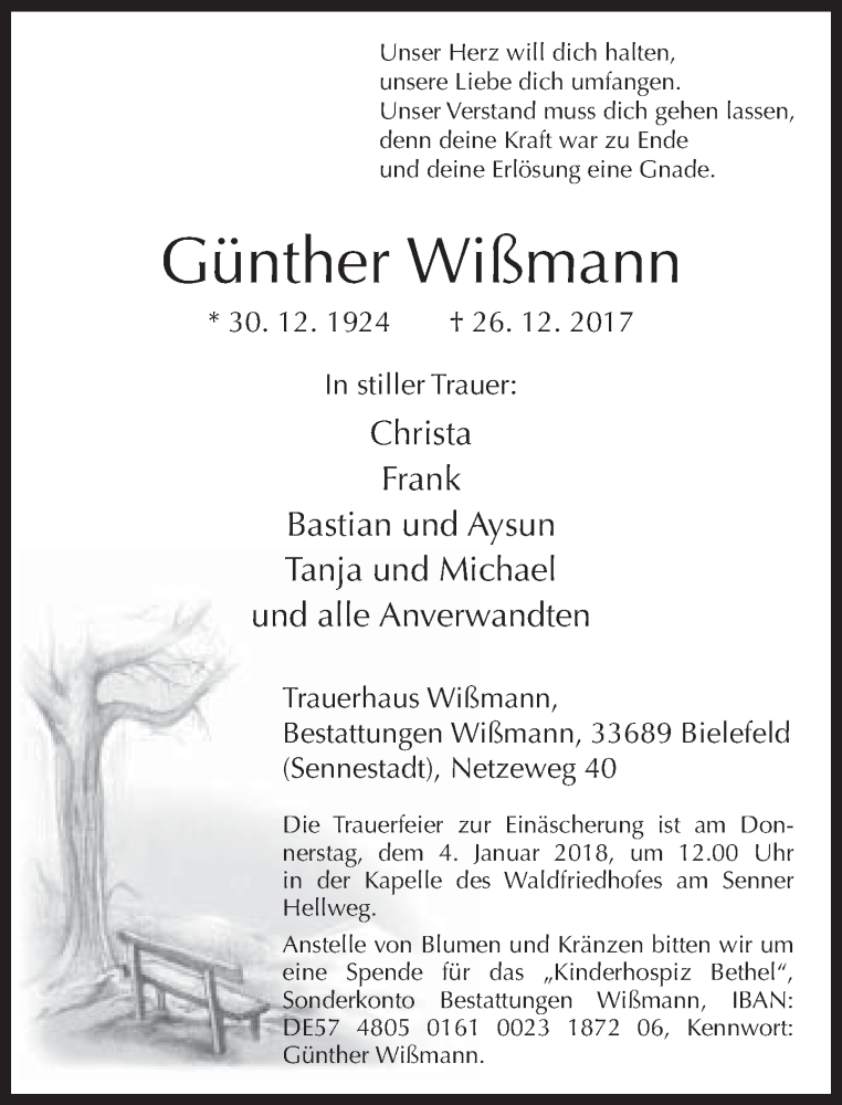  Traueranzeige für Günther Wißmann vom 30.12.2017 aus Neue Westfälische