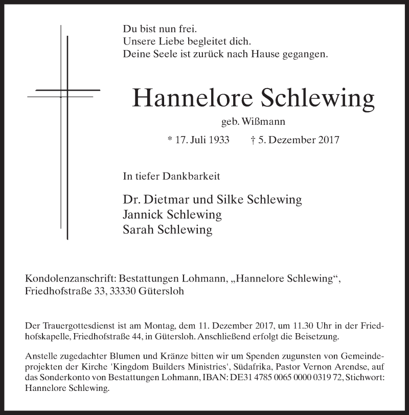  Traueranzeige für Hannelore Schlewing vom 08.12.2017 aus Neue Westfälische
