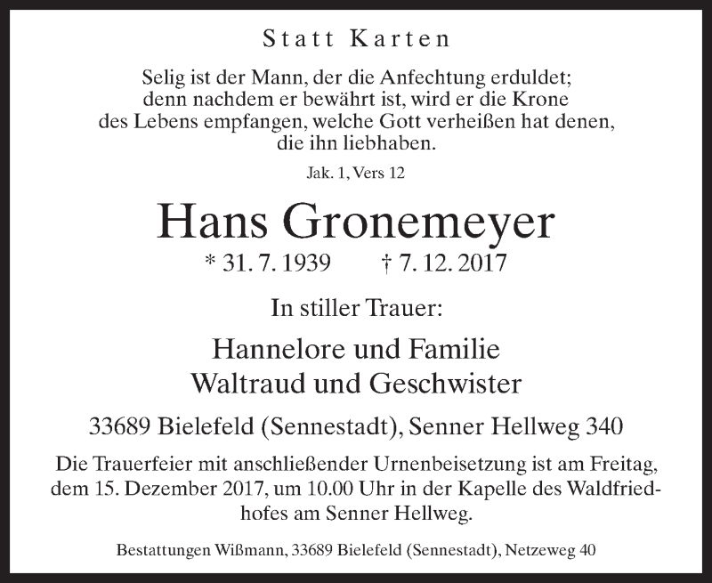  Traueranzeige für Hans Gronemeyer vom 11.12.2017 aus Neue Westfälische