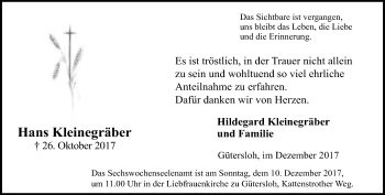 Traueranzeige von Hans Kleinegräber von Neue Westfälische