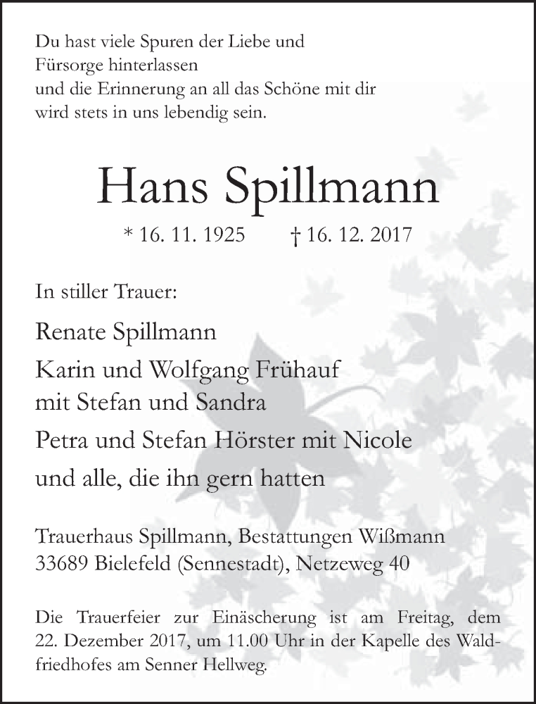  Traueranzeige für Hans Spillmann vom 19.12.2017 aus Neue Westfälische