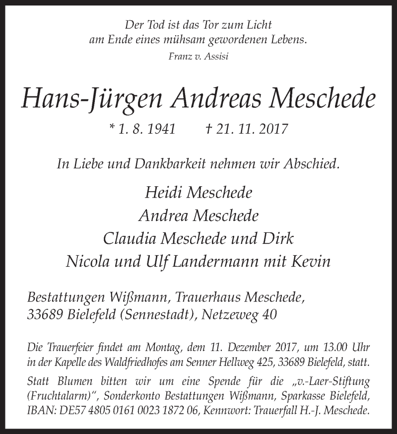  Traueranzeige für Hans Jürgen Andreas Meschede vom 02.12.2017 aus Neue Westfälische