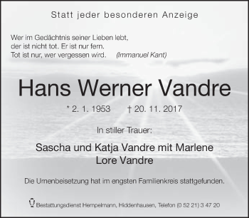 Traueranzeige von Hans Werner Vandre von Neue Westfälische