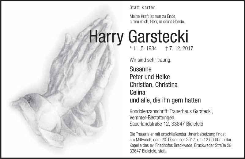  Traueranzeige für Harry Garstecki vom 09.12.2017 aus Neue Westfälische