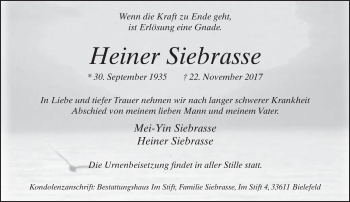 Traueranzeige von Heiner Siebrasse von Neue Westfälische