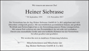 Traueranzeige von Heiner Siebrasse von Neue Westfälische