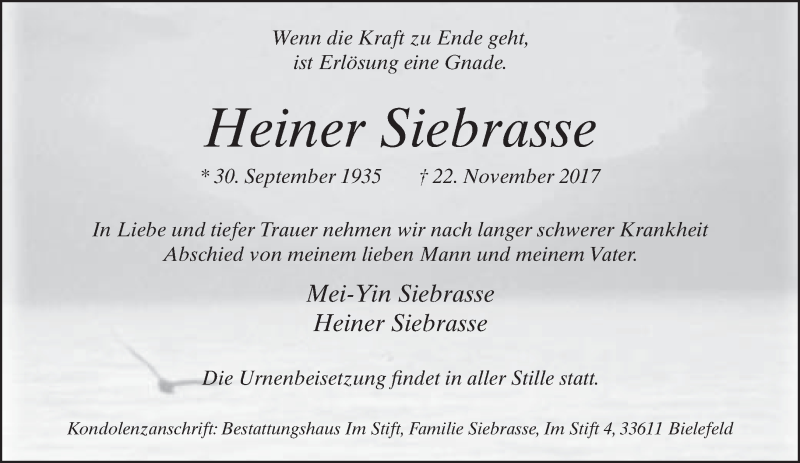  Traueranzeige für Heiner Siebrasse vom 02.12.2017 aus Neue Westfälische