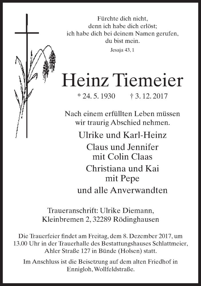  Traueranzeige für Heinz Tiemeier vom 05.12.2017 aus Neue Westfälische