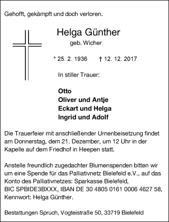 Traueranzeige von Helga Günther von Neue Westfälische