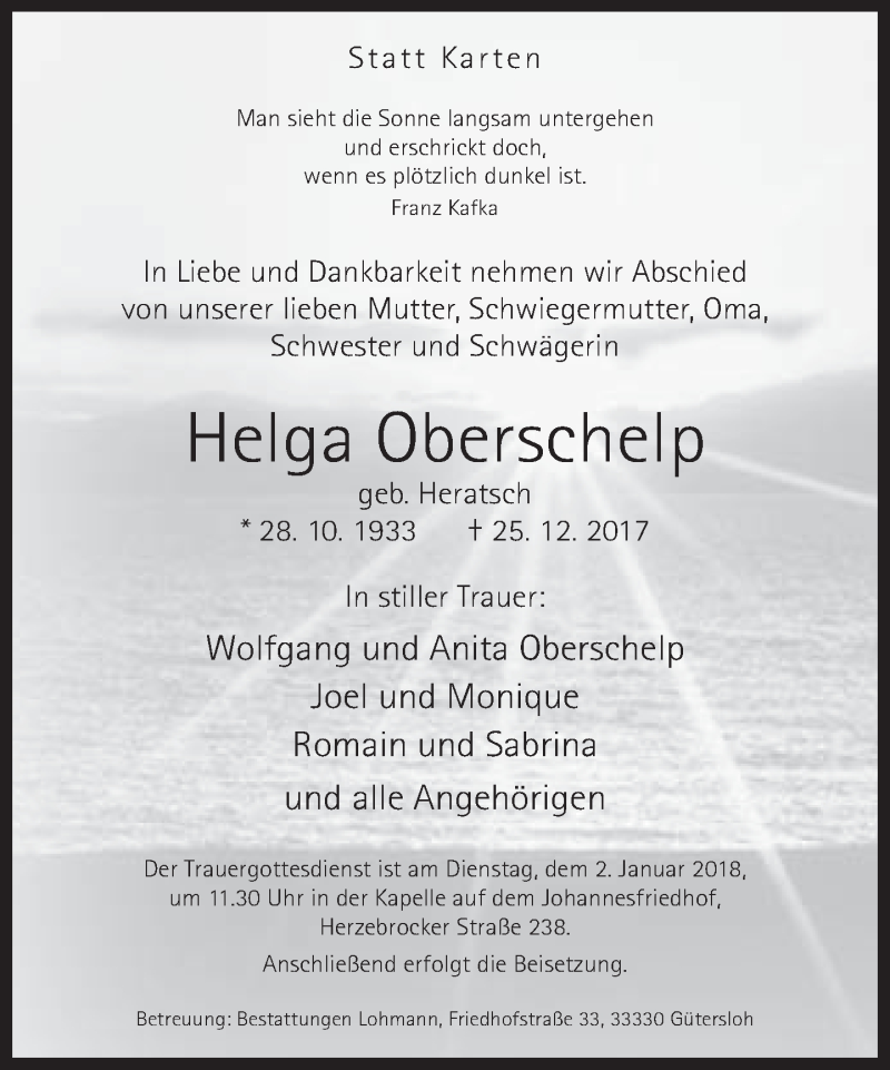 Traueranzeige für Helga Oberschelp vom 28.12.2017 aus Neue Westfälische