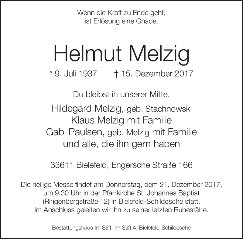  Traueranzeige für Helmut Melzig vom 19.12.2017 aus Neue Westfälische