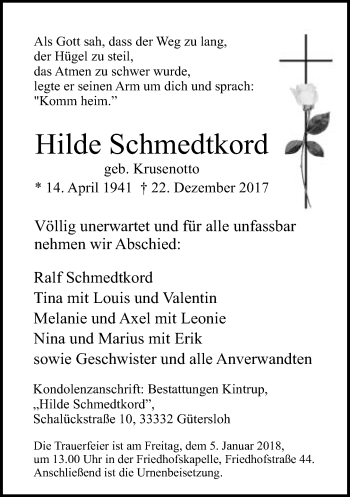 Traueranzeige von Hilde Schmedtkord von Neue Westfälische