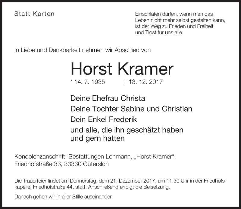  Traueranzeige für Horst Kramer vom 18.12.2017 aus Neue Westfälische