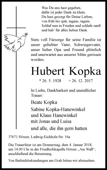 Traueranzeige von Hubert Kopka von Neue Westfälische