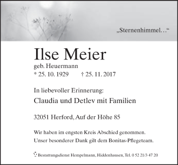 Traueranzeige von Ilse Meier von Neue Westfälische