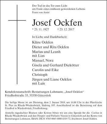 Traueranzeige von Josef Ockfen von Neue Westfälische