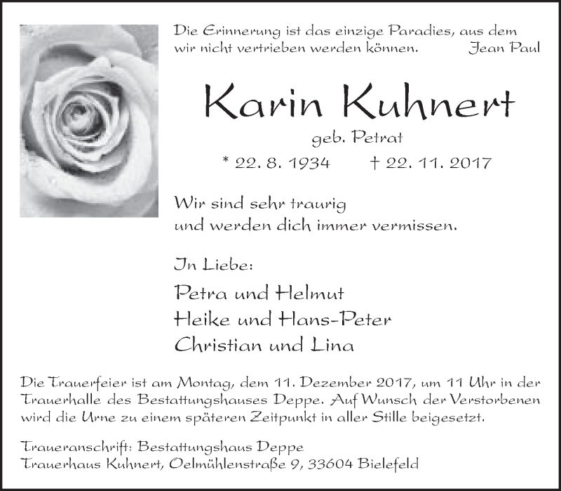  Traueranzeige für Karin Kuhnert vom 02.12.2017 aus Neue Westfälische