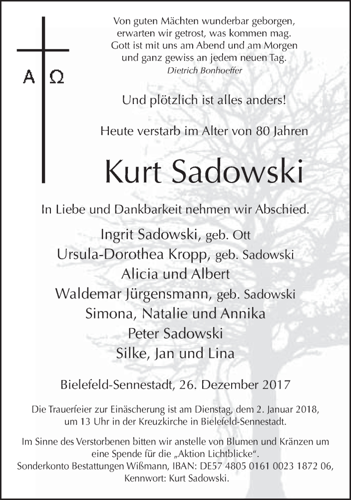  Traueranzeige für Kurt Sadowski vom 28.12.2017 aus Neue Westfälische