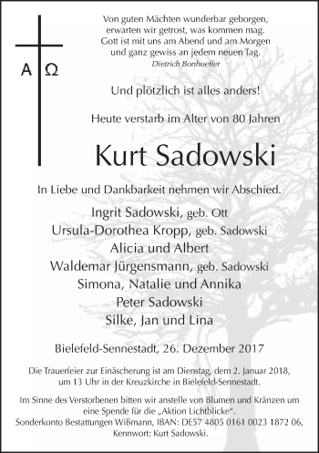 Traueranzeige von Kurt Sadowski von Neue Westfälische
