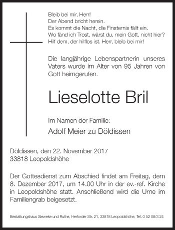 Traueranzeige von Lieselotte Bril von Neue Westfälische