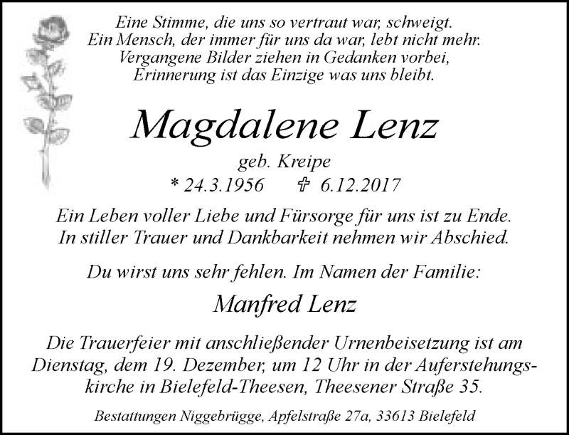  Traueranzeige für Magdalene Lenz vom 15.12.2017 aus Neue Westfälische