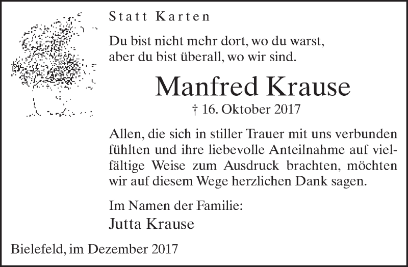  Traueranzeige für Manfred Krause vom 02.12.2017 aus Neue Westfälische