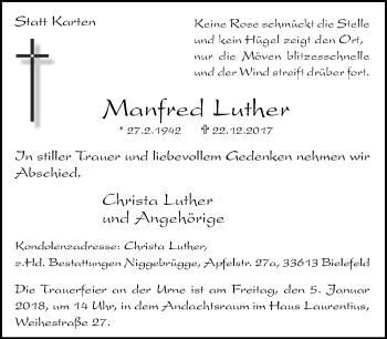 Traueranzeige von Manfred Luther von Neue Westfälische