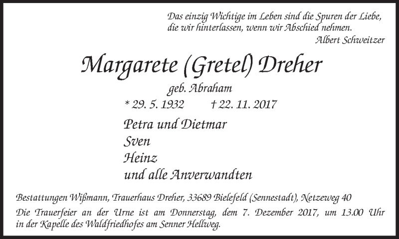 Traueranzeige für Margarete Dreher vom 02.12.2017 aus Neue Westfälische