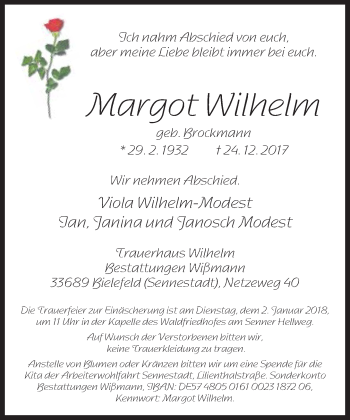 Traueranzeige von Margot Wilhelm von Neue Westfälische