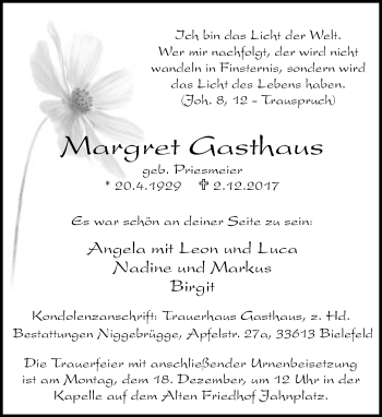 Traueranzeige von Margret Gasthaus von Neue Westfälische