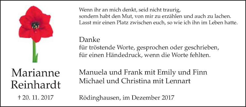  Traueranzeige für Marianne Reinhardt vom 18.12.2017 aus Neue Westfälische
