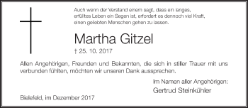 Traueranzeige von Martha Gitzel von Neue Westfälische