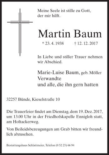 Traueranzeige von Martin Baum von Neue Westfälische