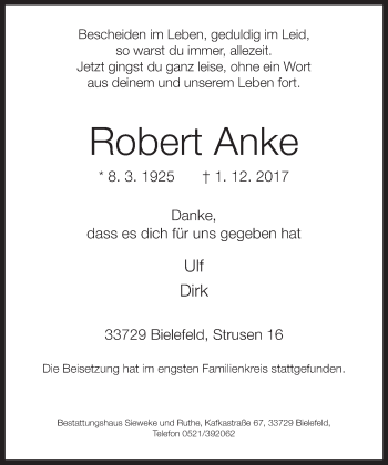 Traueranzeige von Robert Anke von Neue Westfälische
