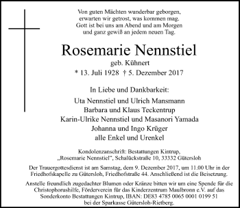 Traueranzeige von Rosemarie Nennstiel von Neue Westfälische